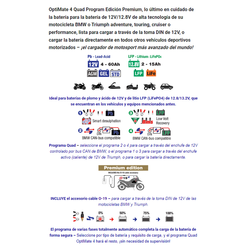 Cargador/Mantenedor de baterías Optimate 4 Quad Program Premium TM630-PR - Imagen 2